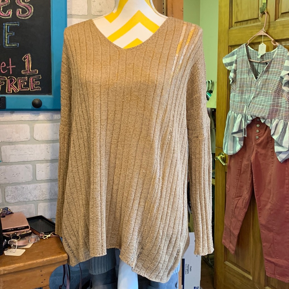 ❗️3/$23 Earthbound Tan Crochet Knit Lace Sheer Boho Natural Laganlook Sweater - Picture 1 of 5